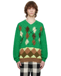 grüner Pullover mit einem Rundhalsausschnitt mit Argyle-Muster