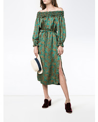 grünes bedrucktes schulterfreies Kleid von Haney
