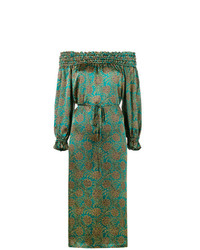 grünes bedrucktes schulterfreies Kleid von Haney