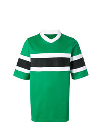 grünes horizontal gestreiftes T-Shirt mit einem V-Ausschnitt von AMI Alexandre Mattiussi