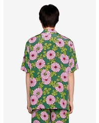 grünes Seide Kurzarmhemd mit Blumenmuster von Gucci