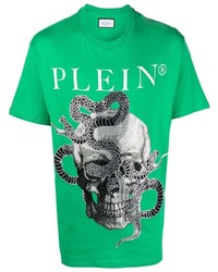 grünes T-Shirt mit einem Rundhalsausschnitt mit Schlangenmuster von Philipp Plein