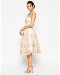 hellbeige ausgestelltes Kleid aus Spitze von Bardot