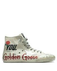 hellbeige bedruckte hohe Sneakers aus Segeltuch von Golden Goose