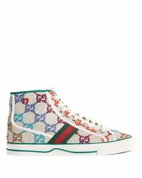 hellbeige bedruckte hohe Sneakers aus Segeltuch von Gucci