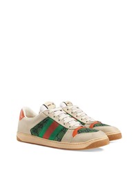 hellbeige bedruckte Leder niedrige Sneakers von Gucci