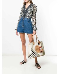 hellbeige bedruckte Shopper Tasche aus Segeltuch von Tory Burch