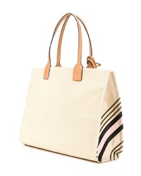 hellbeige bedruckte Shopper Tasche aus Segeltuch von Tory Burch