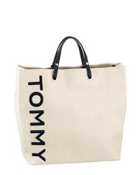 hellbeige bedruckte Shopper Tasche aus Segeltuch von Tommy Hilfiger