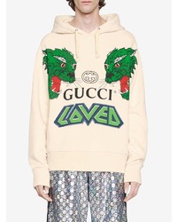 hellbeige bedruckter Pullover mit einem Kapuze von Gucci