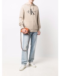 hellbeige bedruckter Pullover mit einem Kapuze von Calvin Klein Jeans