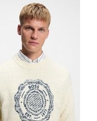 hellbeige bedruckter Pullover mit einem Rundhalsausschnitt von Boss Orange