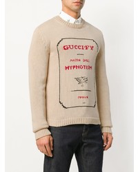 hellbeige bedruckter Pullover mit einem Rundhalsausschnitt von Gucci