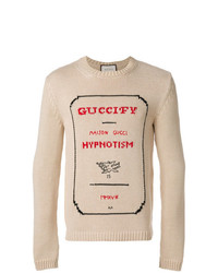 hellbeige bedruckter Pullover mit einem Rundhalsausschnitt von Gucci