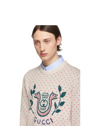 hellbeige bedruckter Pullover mit einem Rundhalsausschnitt von Gucci