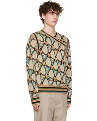 hellbeige bedruckter Pullover mit einem V-Ausschnitt von Acne Studios