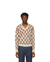 hellbeige bedruckter Pullover mit einem V-Ausschnitt von Gucci