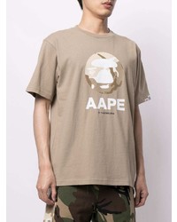 hellbeige bedrucktes T-Shirt mit einem Rundhalsausschnitt von AAPE BY A BATHING APE