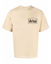 hellbeige bedrucktes T-Shirt mit einem Rundhalsausschnitt von Aries