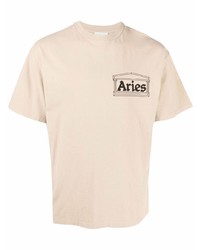 hellbeige bedrucktes T-Shirt mit einem Rundhalsausschnitt von Aries