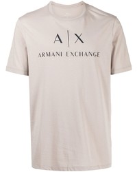 hellbeige bedrucktes T-Shirt mit einem Rundhalsausschnitt von Armani Exchange