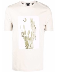 hellbeige bedrucktes T-Shirt mit einem Rundhalsausschnitt von BOSS