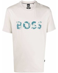 hellbeige bedrucktes T-Shirt mit einem Rundhalsausschnitt von BOSS