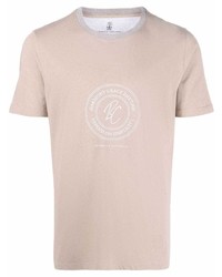 hellbeige bedrucktes T-Shirt mit einem Rundhalsausschnitt von Brunello Cucinelli