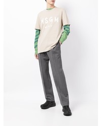 hellbeige bedrucktes T-Shirt mit einem Rundhalsausschnitt von MSGM