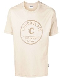 hellbeige bedrucktes T-Shirt mit einem Rundhalsausschnitt von Chocoolate