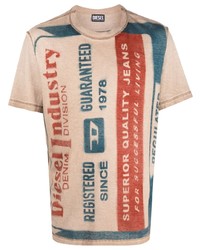 hellbeige bedrucktes T-Shirt mit einem Rundhalsausschnitt von Diesel