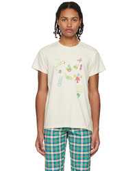 hellbeige bedrucktes T-Shirt mit einem Rundhalsausschnitt von DOUBLE RAINBOUU