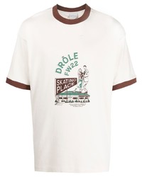 hellbeige bedrucktes T-Shirt mit einem Rundhalsausschnitt von Drôle De Monsieur