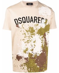 hellbeige bedrucktes T-Shirt mit einem Rundhalsausschnitt von DSQUARED2