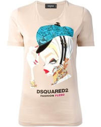 hellbeige bedrucktes T-Shirt mit einem Rundhalsausschnitt von Dsquared2