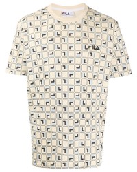 hellbeige bedrucktes T-Shirt mit einem Rundhalsausschnitt von Fila