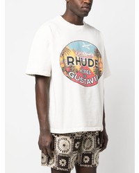 hellbeige bedrucktes T-Shirt mit einem Rundhalsausschnitt von Rhude