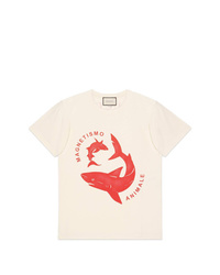 hellbeige bedrucktes T-Shirt mit einem Rundhalsausschnitt von Gucci