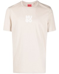 hellbeige bedrucktes T-Shirt mit einem Rundhalsausschnitt von Hugo