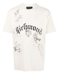 hellbeige bedrucktes T-Shirt mit einem Rundhalsausschnitt von John Richmond