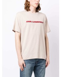 hellbeige bedrucktes T-Shirt mit einem Rundhalsausschnitt von Karl Lagerfeld