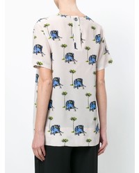 hellbeige bedrucktes T-Shirt mit einem Rundhalsausschnitt von Odeeh