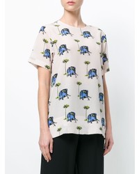 hellbeige bedrucktes T-Shirt mit einem Rundhalsausschnitt von Odeeh
