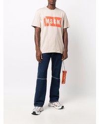 hellbeige bedrucktes T-Shirt mit einem Rundhalsausschnitt von MSGM