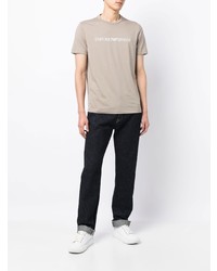 hellbeige bedrucktes T-Shirt mit einem Rundhalsausschnitt von Emporio Armani