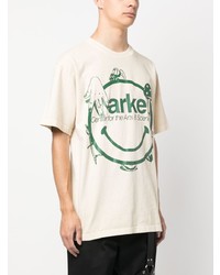 hellbeige bedrucktes T-Shirt mit einem Rundhalsausschnitt von MARKET