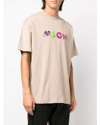 hellbeige bedrucktes T-Shirt mit einem Rundhalsausschnitt von MSGM