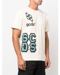 hellbeige bedrucktes T-Shirt mit einem Rundhalsausschnitt von Gcds