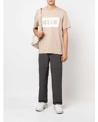 hellbeige bedrucktes T-Shirt mit einem Rundhalsausschnitt von MSGM