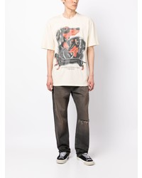 hellbeige bedrucktes T-Shirt mit einem Rundhalsausschnitt von MARKET